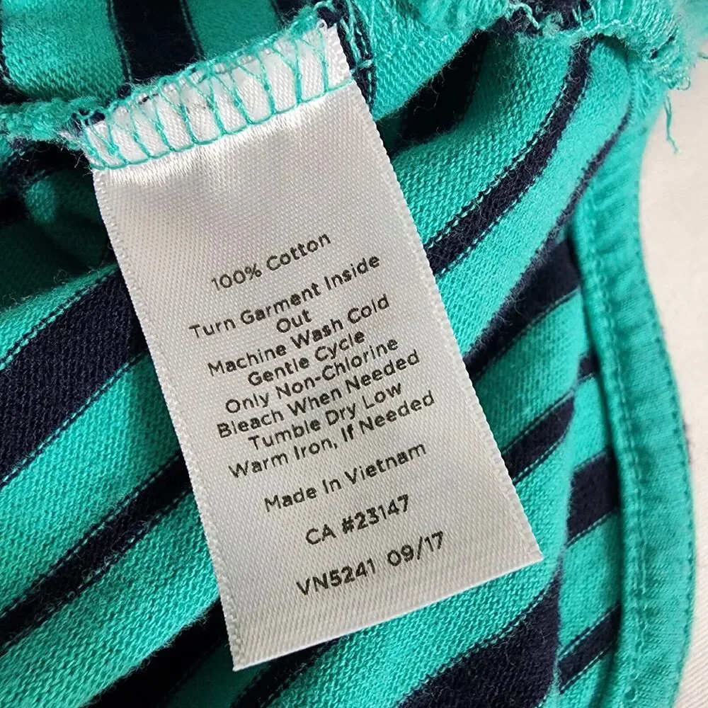 Talbots Womens Top Sz Large Green Blue Striped 3/4 Bell Sleeve Cotton Round Neck